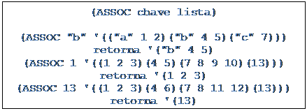 Caixa de texto: (ASSOC chave lista)
	
(ASSOC "b" '(("a" 1 2)("b" 4 5)("c" 7)))
retorna '("b" 4 5)
(ASSOC 1 '((1 2 3)(4 5)(7 8 9 10)(13)))
retorna '(1 2 3)
(ASSOC 13 '((1 2 3)(4 6)(7 8 11 12)(13)))
retorna '(13)

